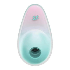 Top-down view of Pixie Dust clitoral stimulator highlighting the circular air pulse opening in teal