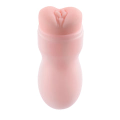 Top-down view of Pop & Toss showing realistic vaginal opening at entry of soft pink TPE sleeve