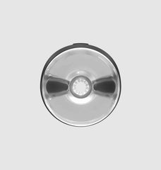 Top-down view of PowerShot male vibrator revealing clear internal chamber with ribbed detail