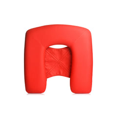 Top-down view of red U-shaped queening cushion with attached red fabric sling panel
