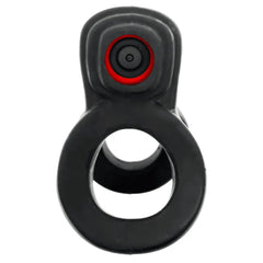 Top-down view of REVHAMMER ring with red power button detail on black silicone housing