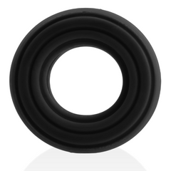 Top-down close-up of the ROTO Cock Ring revealing three concentric ribbed grooves in black silicone