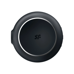 Top-down view of Satisfyer Pro To Go 3 face plate with silver trim ring and embossed SF logo