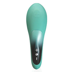 Top-down view of the teal Pulse Queen wand showing crown logo and three-button control panel