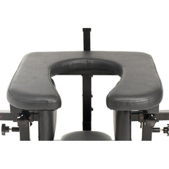 Top-down close-up of U-shaped split seat cushion opening on Pleasure Throne chair