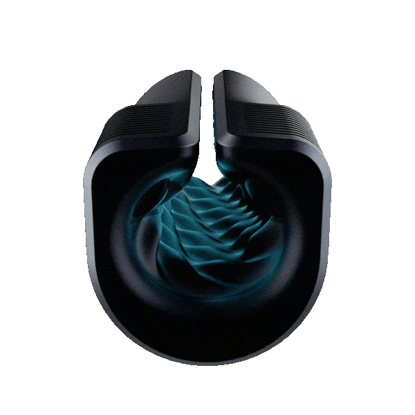 Top-down view into the Zing stroker channel, teal-lit spiral texture visible against matte black housing