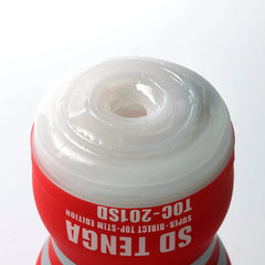 Top opening view of the Tenga SD cup revealing the soft white silicone entry point