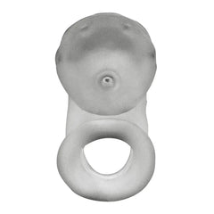 Top view of Oxballs Airlock chastity cage displaying sling ring and curved tip drain vent