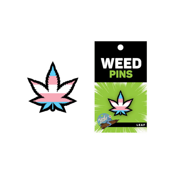 Trans weed leaf pin beside its black and green Weed Pins card backing, showing leaf label