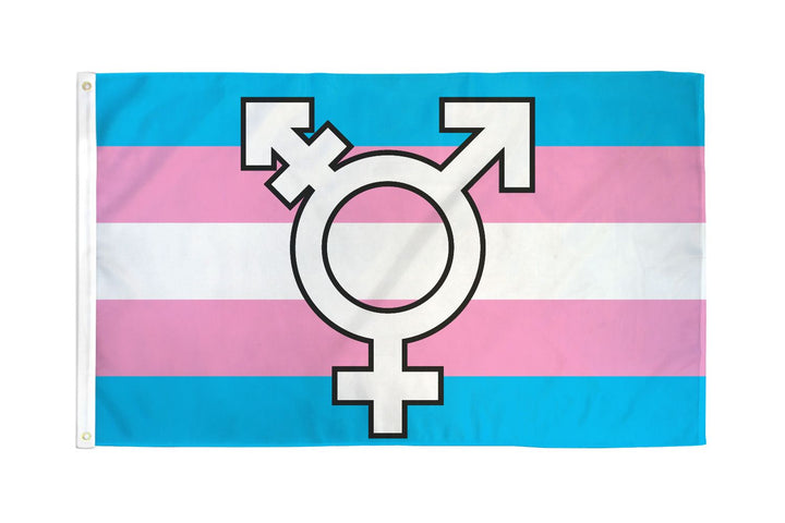 Transgender Symbol Flag 3x5 in polyester with trans pride stripes and gender symbol