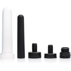 Travel Enema Set components laid out: silicone nozzle, two caps, and two hose adapters in black