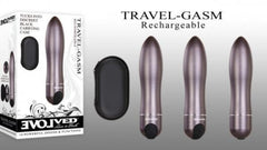 Travel-Gasm Rechargeable bullet vibrator shown in three angles beside retail box and carry case