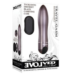 Travel-Gasm Rechargeable packaging showing 10 speeds and functions, metallic grey bullet vibrator