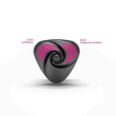 Triangular vibrator face with pink-highlighted eStim conductive surface areas on each side