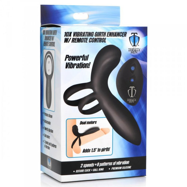Trinity Men 10X Vibrating Girth Enhancer in retail packaging with remote control and product detail inset