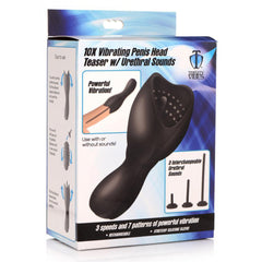 Trinity Vibes 10X Vibrating Penis Head Teaser retail box showing product features and urethral sounds