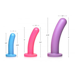 Triple Peg 28X dildo set size comparison: small 4.25in, medium 5.3in, and large 7in insertable lengths