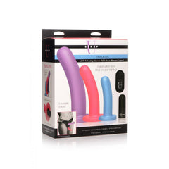 Triple Peg 28X vibrating silicone dildo set retail box showing three graduated sizes and remote control