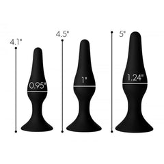 Triple Spire Silicone Anal Trainer Set showing three black tapered plugs with size dimensions