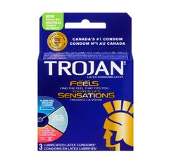 Trojan All The Feels 3-pack latex condom box featuring three sensation variety options