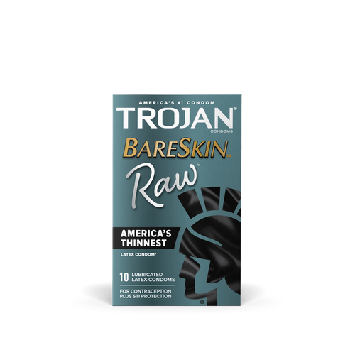 Trojan BareSkin Raw condom box, teal and black, labeled America's thinnest latex condom, 10-pack