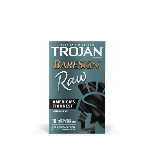 Trojan BareSkin Raw condom box, teal and black, labeled America's thinnest latex condom, 10-pack