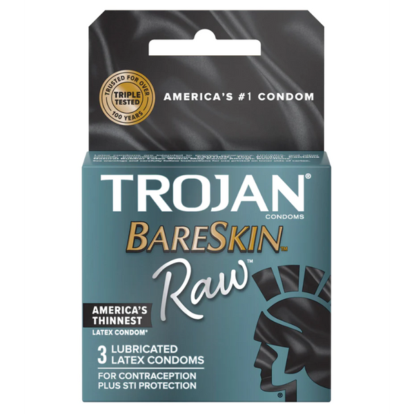 Trojan BareSkin Raw condoms 3-pack box, teal and black, labeled America's thinnest latex condom