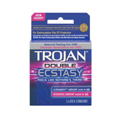 Trojan Double Ecstasy Condoms 3-pack box featuring dual-lubricant latex design