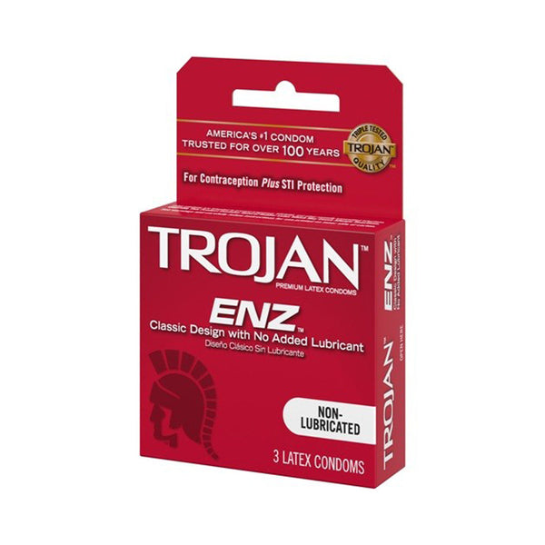 Trojan ENZ Non-Lubricated latex condoms, 3-pack in classic red box, front view
