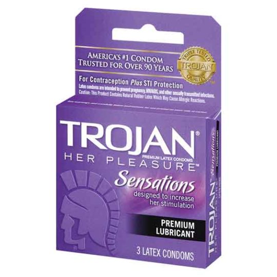 Trojan Her Pleasure Sensations 3-pack latex condoms in purple premium-lubricant box