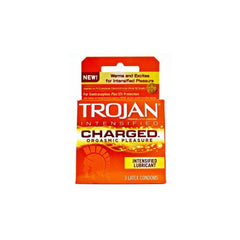 Trojan Intensified Charged latex condoms 3-pack box with warming lubricant formula