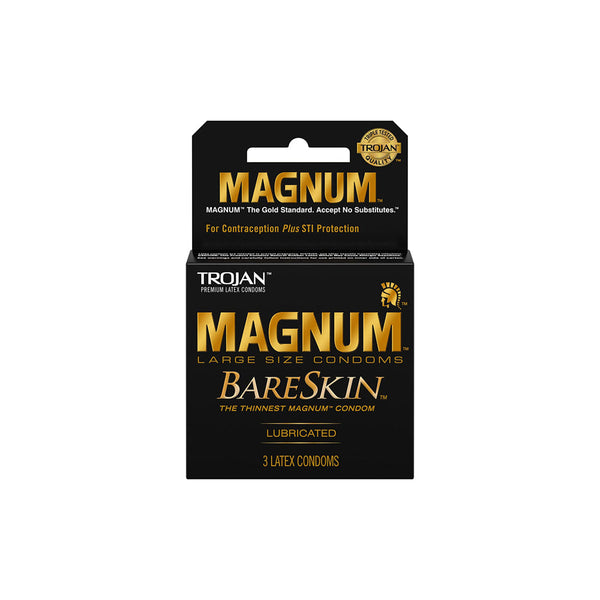 Trojan Magnum Bareskin 3-pack condoms box, large size, ultra-thin lubricated latex