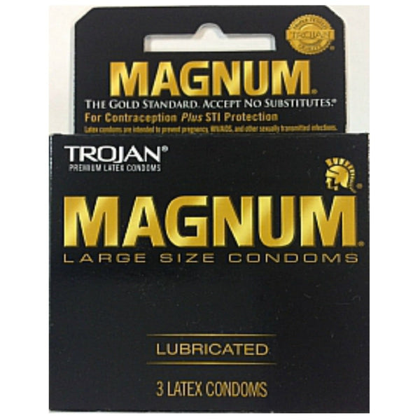 Trojan Magnum Large Lubricated condoms, black and gold box, 3-count latex pack