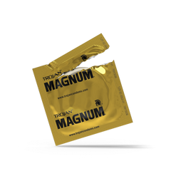 Trojan Magnum large-size condom in gold foil wrapper, shown at an angle against white background
