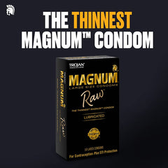 Trojan Magnum Raw box at an angle highlighting it as the thinnest Magnum latex condom available