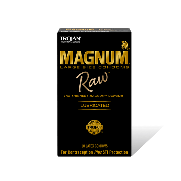 Trojan Magnum Raw large-size lubricated condoms, black and gold 10-count box, front view