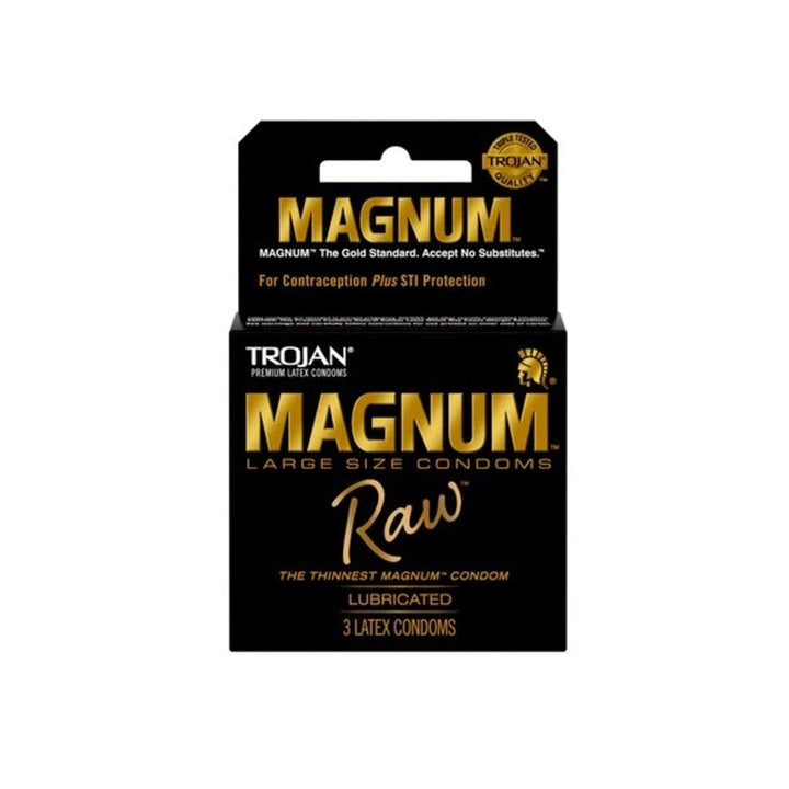 Trojan Magnum Raw large-size lubricated latex condoms, 3-pack box, black and gold