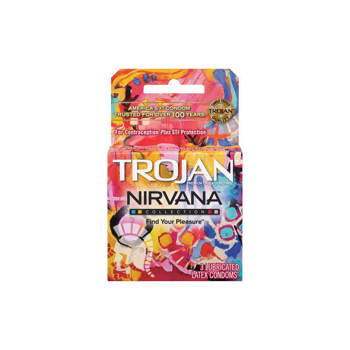 Trojan Nirvana Collection 3-pack lubricated latex condoms in vibrant artistic box
