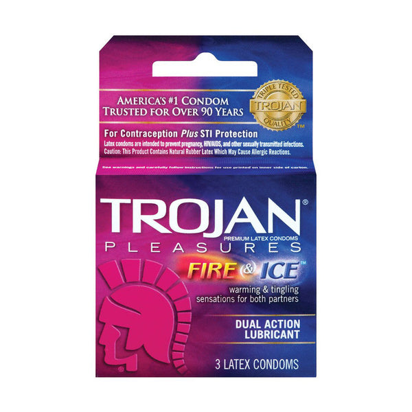 Trojan Pleasures Fire & Ice condoms 3-pack box with dual-action warming lubricant