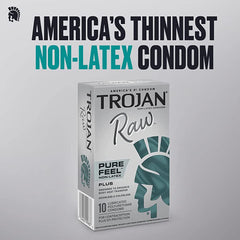 Trojan Raw Non-Latex condom packaging angled on grey background, highlighting ultra-thin design