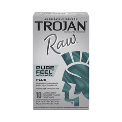 Trojan Raw Pure Feel Non-Latex condom box, front view, silver and teal, 10-count polyurethane