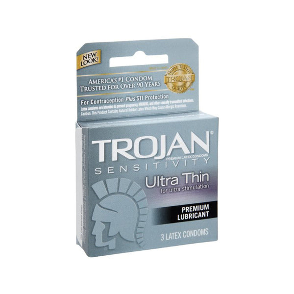 Trojan Sensitivity Ultra Thin condoms, 3-pack box with premium lubricant, silver packaging
