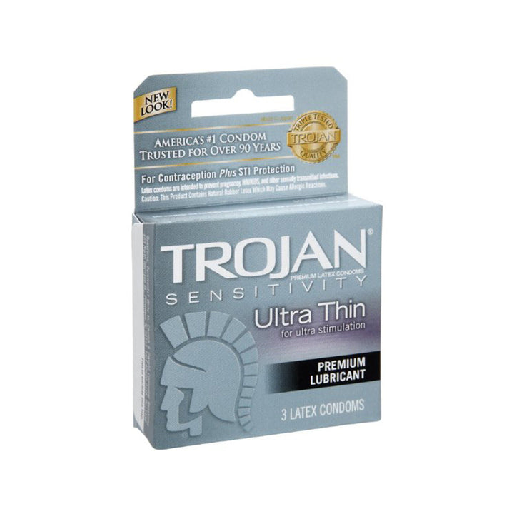 Trojan Sensitivity Ultra Thin condoms, 3-pack box with premium lubricant, silver packaging