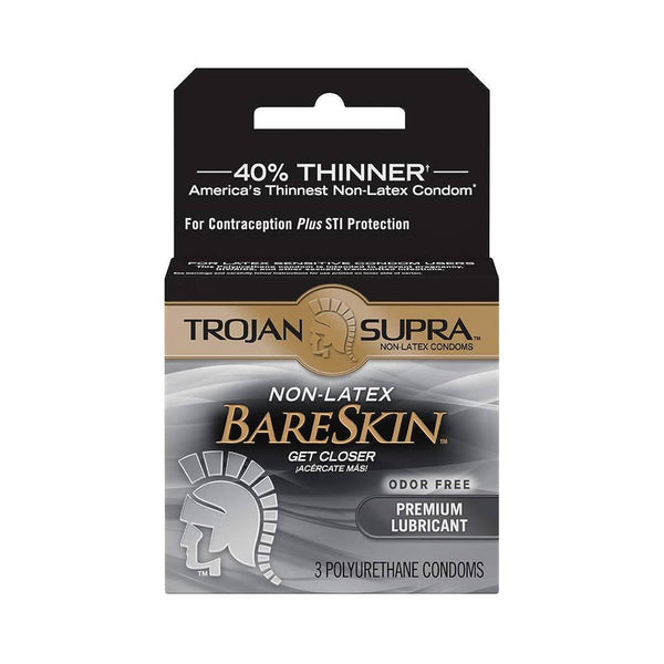 Trojan Supra BareSkin non-latex polyurethane condoms, 3-pack box, black and gold packaging
