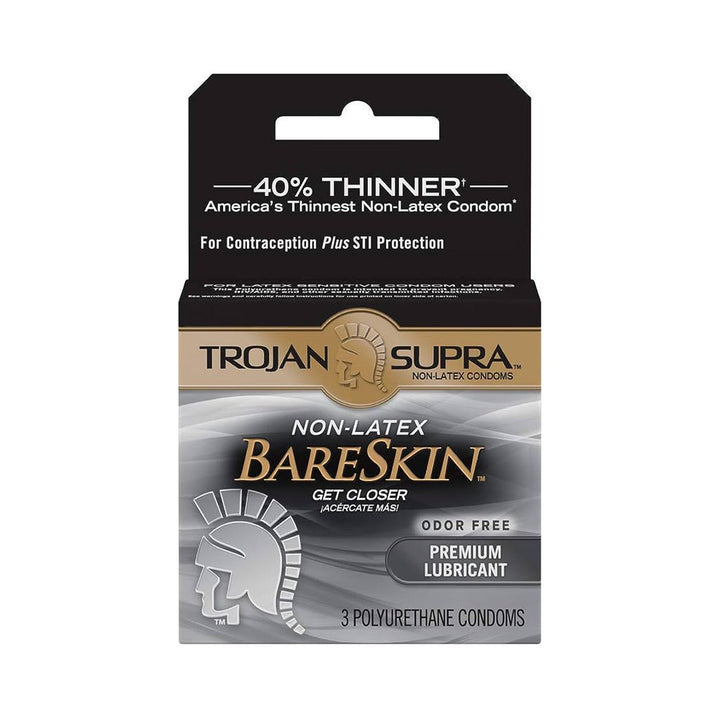 Trojan Supra BareSkin non-latex polyurethane condoms, 3-pack box, black and gold packaging