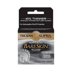Trojan Supra BareSkin non-latex polyurethane condoms, 3-pack box, black and gold packaging