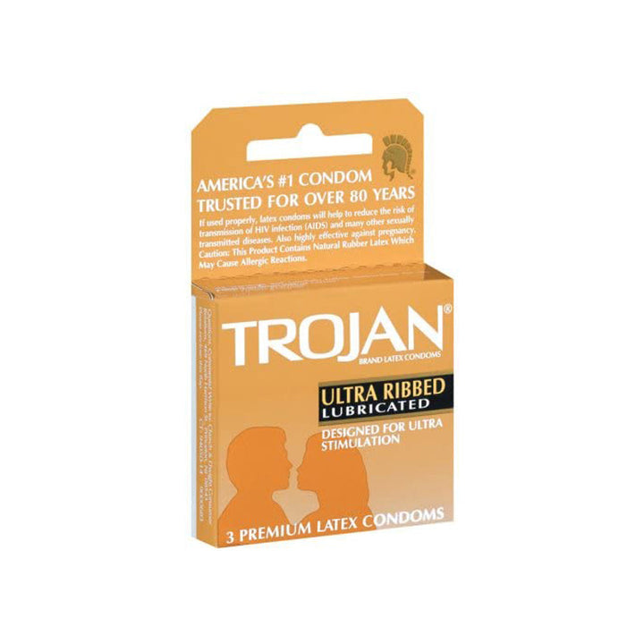 Trojan Ultra Ribbed Lubricated condoms, 3-pack in orange latex condom box