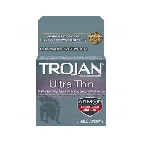 Trojan Ultra Thin Armor Spermicidal condoms, 3-pack box with gray and purple design