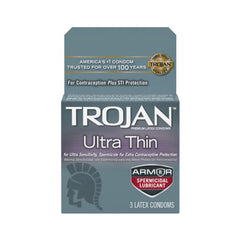 Trojan Ultra Thin Armor Spermicidal condoms, 3-pack box with gray and purple design