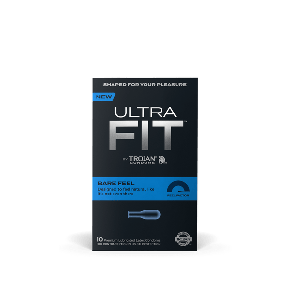 Trojan UltraFit Bare Feel Condoms 10-count box, dark packaging with blue accent band